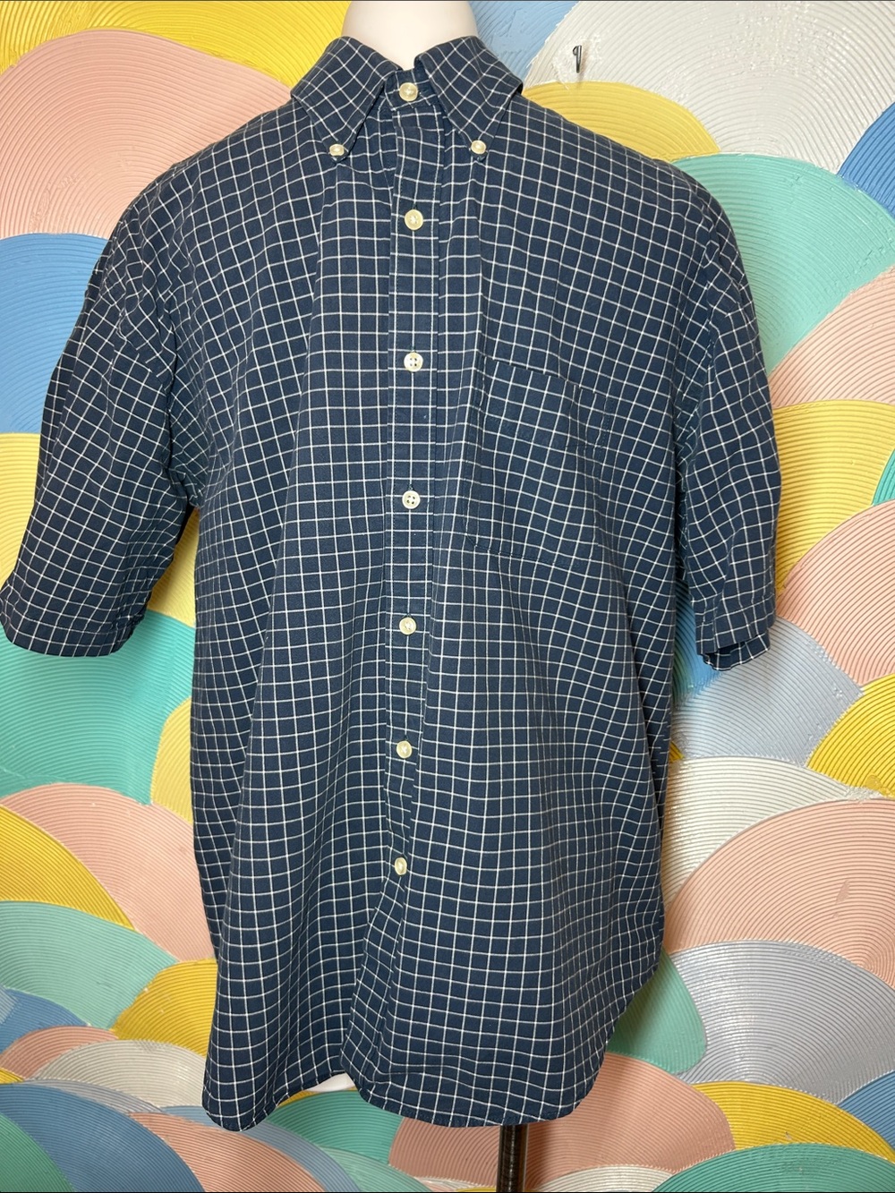 Van Heusen Navy Windowpane Short-Sleeve Button-Down Shirt 100% sz L